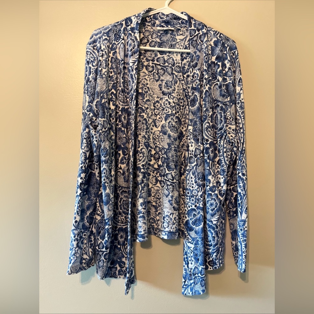 Chicos Blue White Linen Floral Paisley Open Front Cardigan Sweater Size 2/Large
